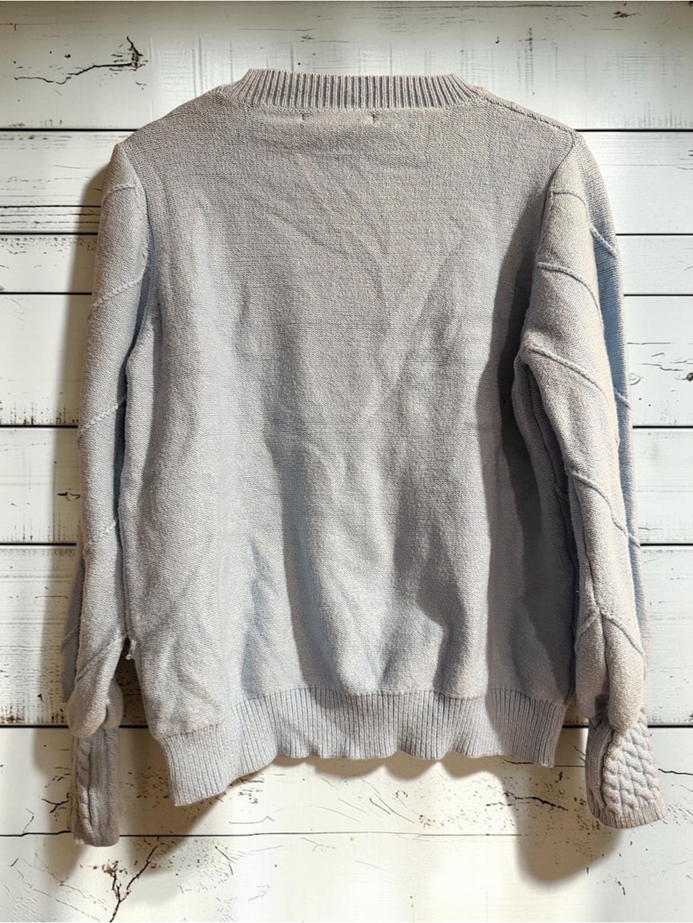 Simplee Pom Pom Sweater Sz L Light Blue Grey Textured Knit Bishop Sleeve Cozy - Picture 6 of 6